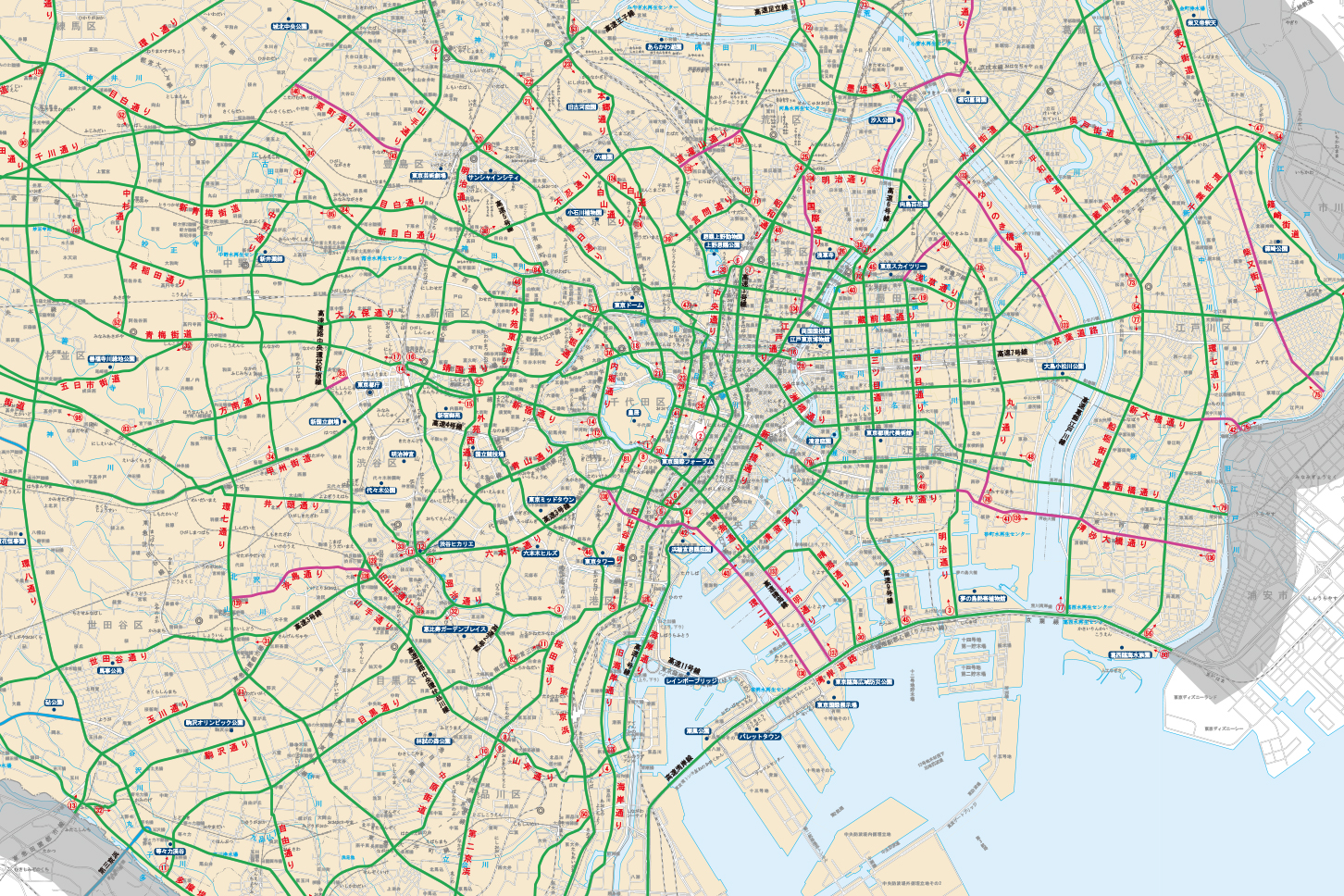 東京の幹線道路につけられた「通称道路名」。皇居を中心に道路網が張り巡らされている。（画像：東京都建設局）