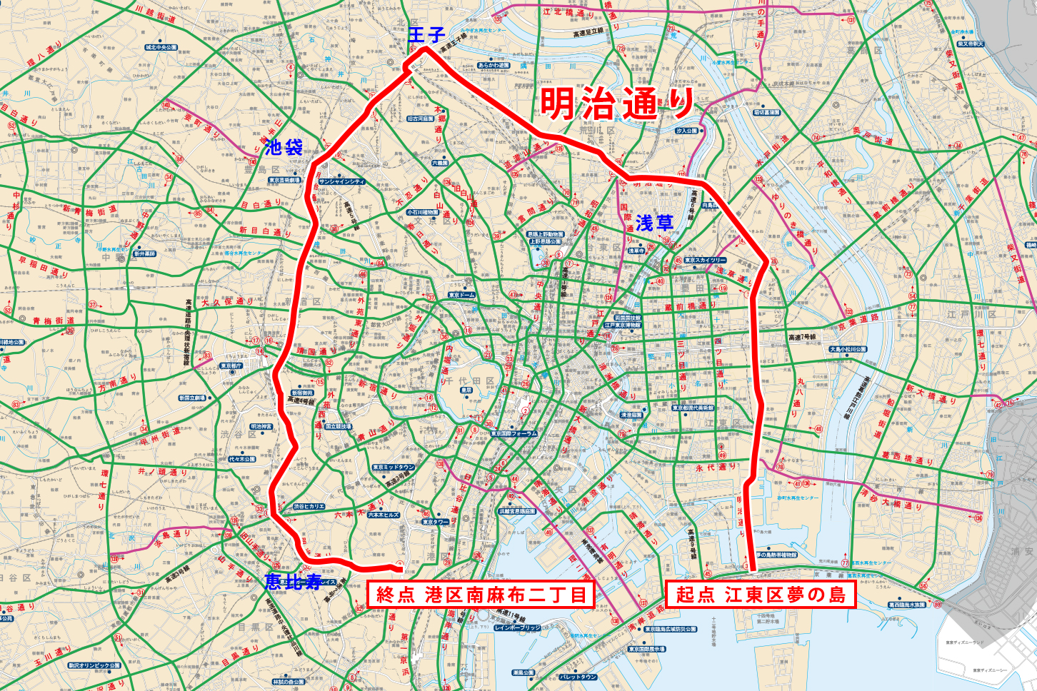明治通りの路線図。(画像:東京都建設局の地図をもとに作成)