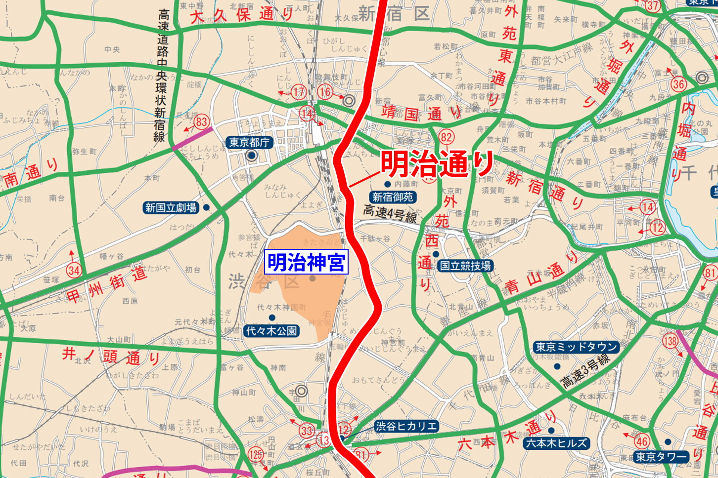 オレンジの部分の明治神宮、その東側に明治通り。(画像:東京都建設局の地図をもとに作成)