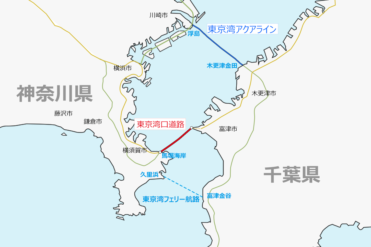 神奈川の横須賀と千葉の富津を結ぶ「東京湾口道路」のおおよその予定路線
