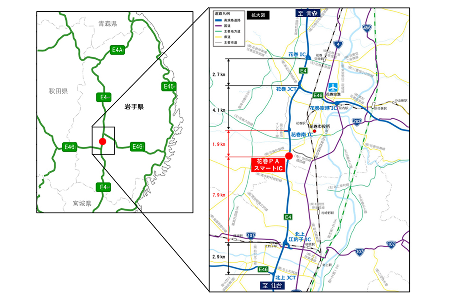 花巻PAスマートICの位置図。(画像:NEXCO東日本)