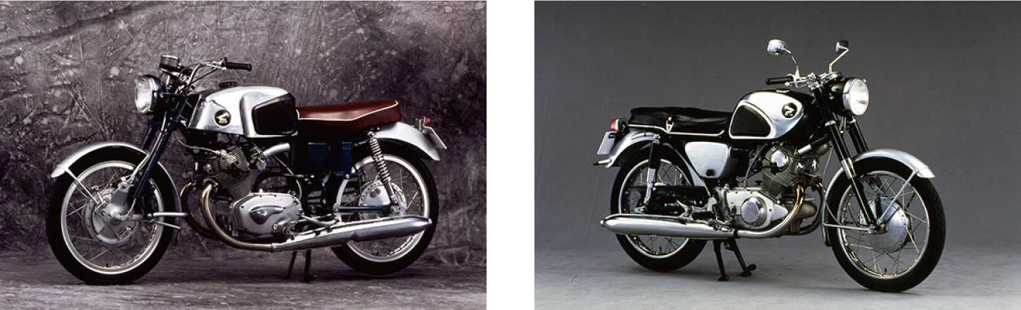 CBヒストリー Part1で展示される車両 その3。写真左からホンダ ドリーム CR71 スーパースポーツ（1959年）と、ホンダ ドリーム CB72 スーパースポーツ（1966年）