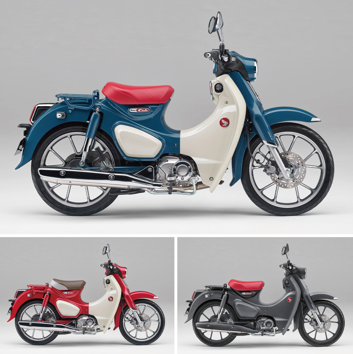 写真上から、スーパーカブC125のパールボスポラスブルーカラー、写真左下がパールネビュラレッドカラー、写真右下がマットアクシスグレーメタリックカラーとなる。