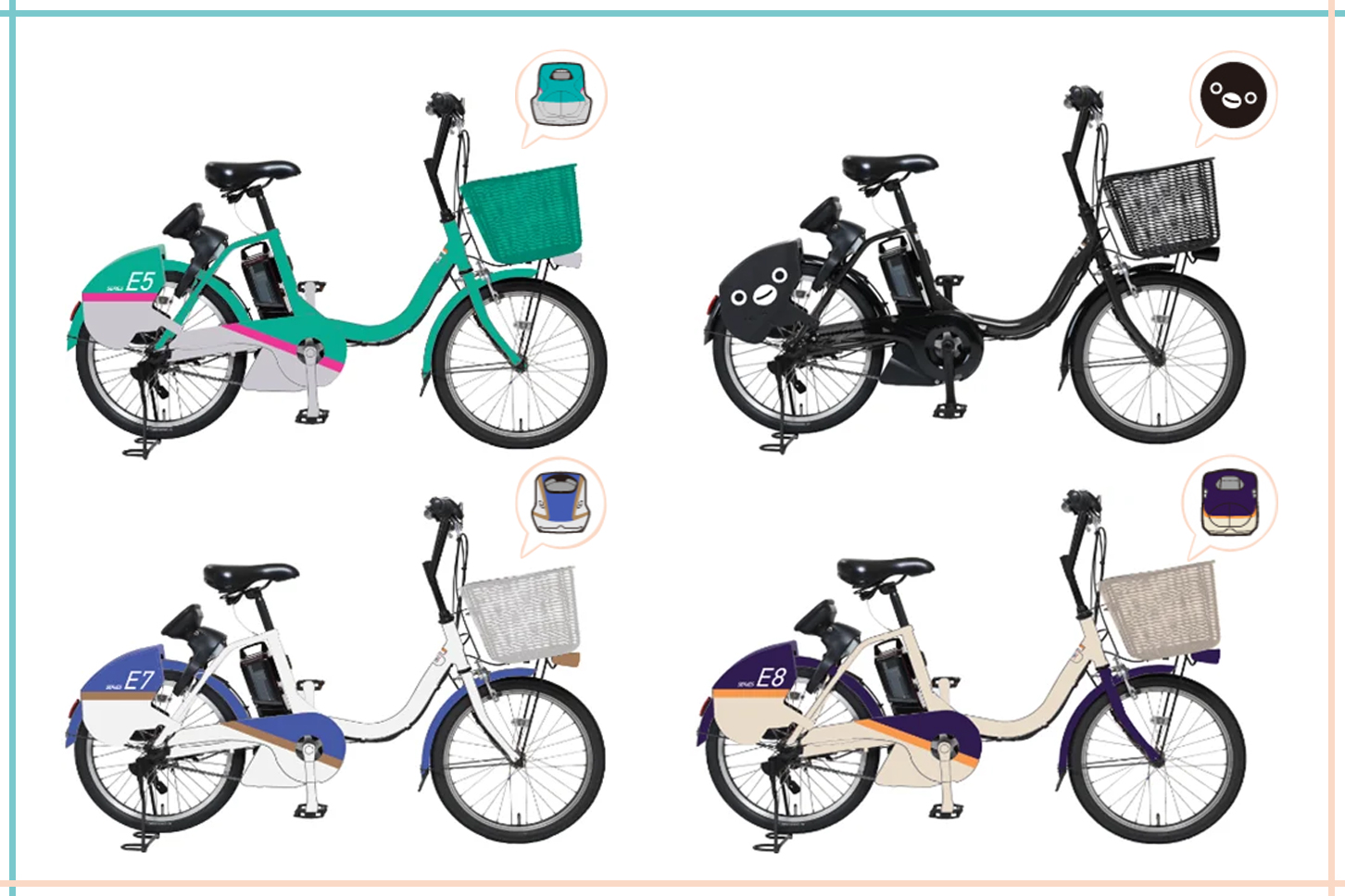 Suicaのペンギンと新幹線デザインの自転車。（画像：ドコモバイクシェア、JR東日本）