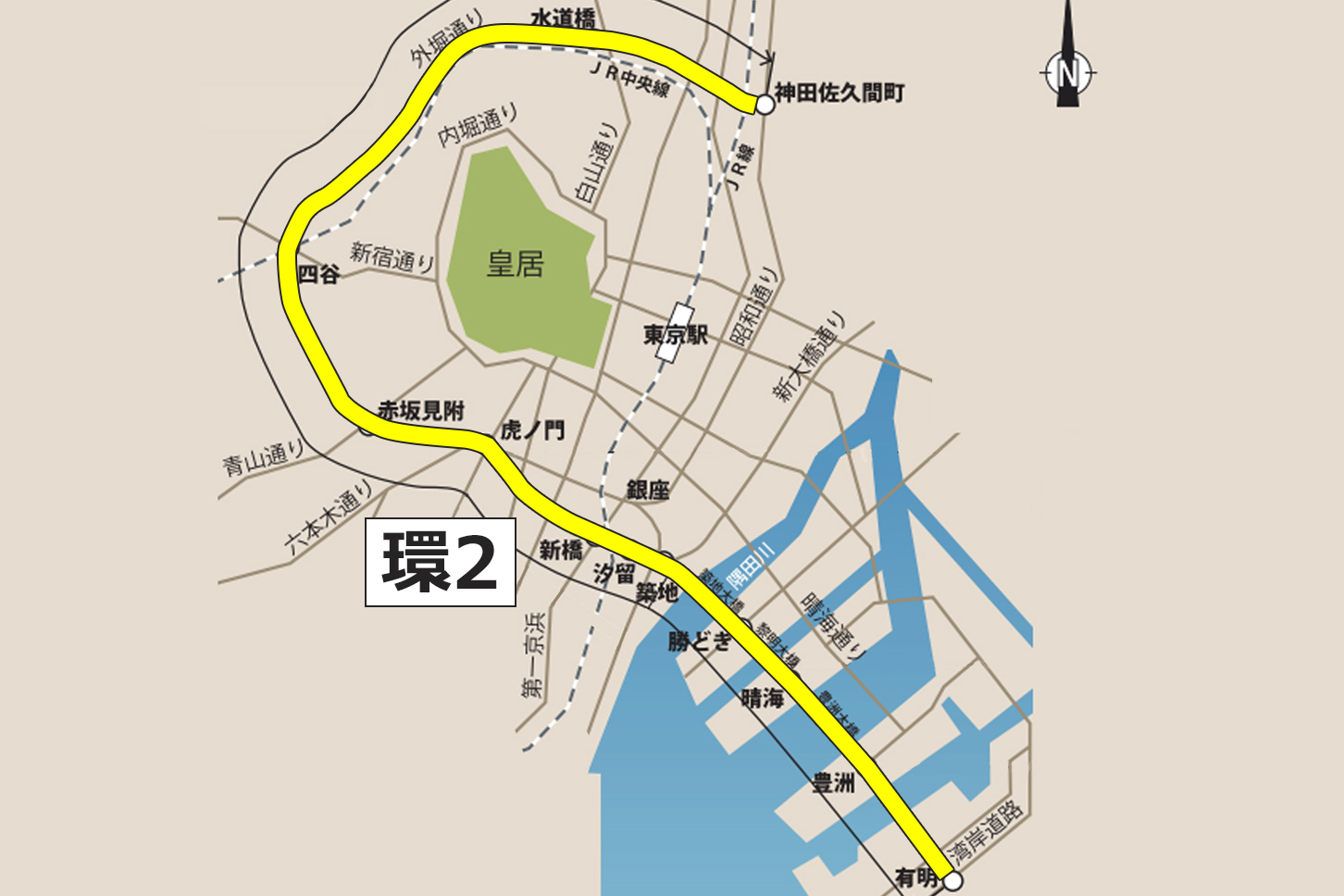 東京の主要なエリアを結ぶ幹線として機能する「環2」