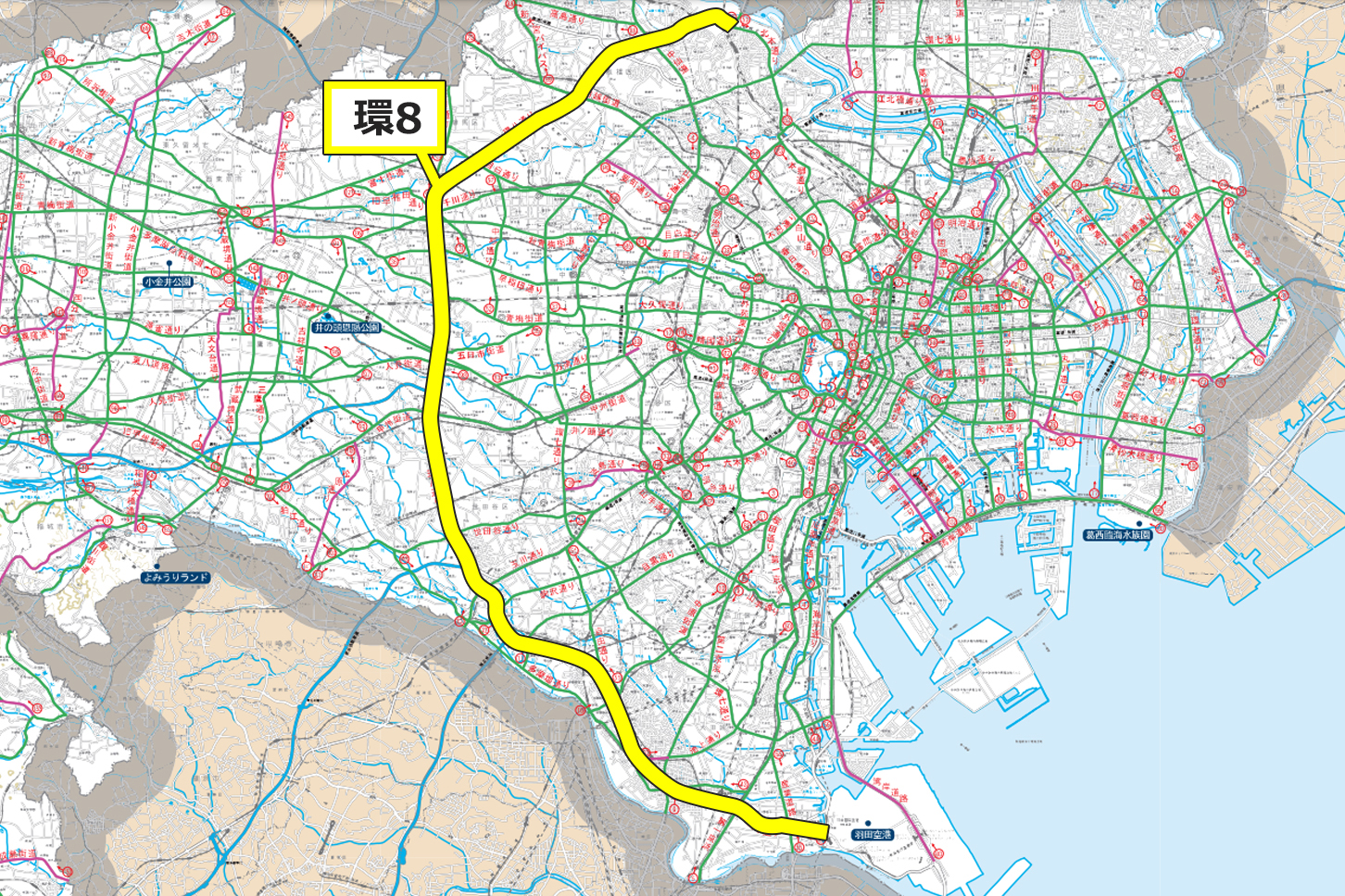 最も外側に位置する環状の道路「環8」は西側のみ