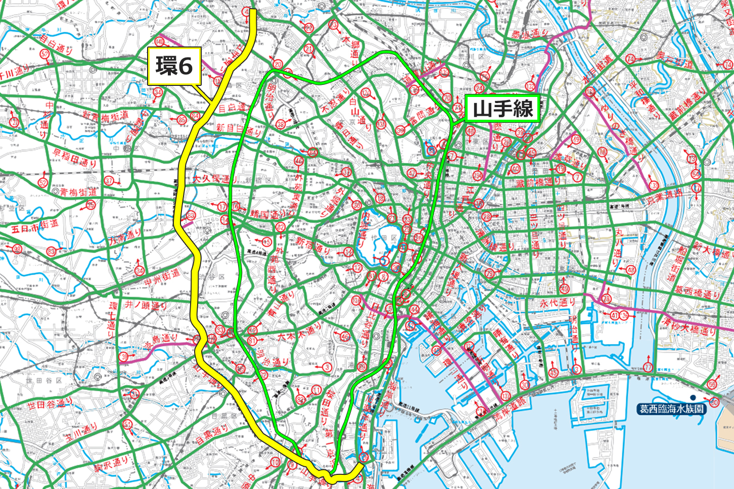 山手線の西側に沿うような「環6」の路線