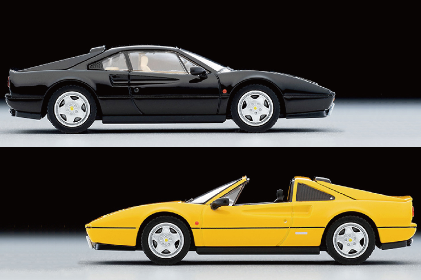 写真上はフェラーリ328 GTB（ブラック）で、写真下は328 GTS（イエロー）。商品はメーカーへの版権元商品化許諾申請済。(c)TOMYTEC