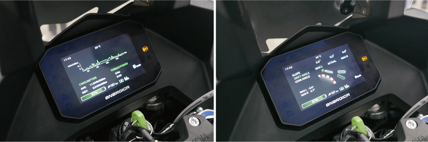 液晶パネルの走行データ確認画面。すべての走行データをシステムが収集しており、このデータをPCに接続してアップロードすることで、世界中から集めたデータをフィードバックして、車両の“クセ”を修正してくれるという。そのため、エネルジカの保証サービスを受ける場合は、年に2回以上のデータアップロードが義務付けされているそうだ。
