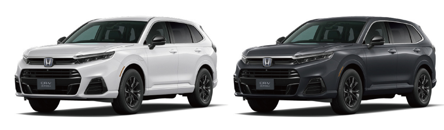 CR-V e:FCEVのボディカラーは左からプラチナホワイト・パール と、メテオロイドグレー・メタリック
