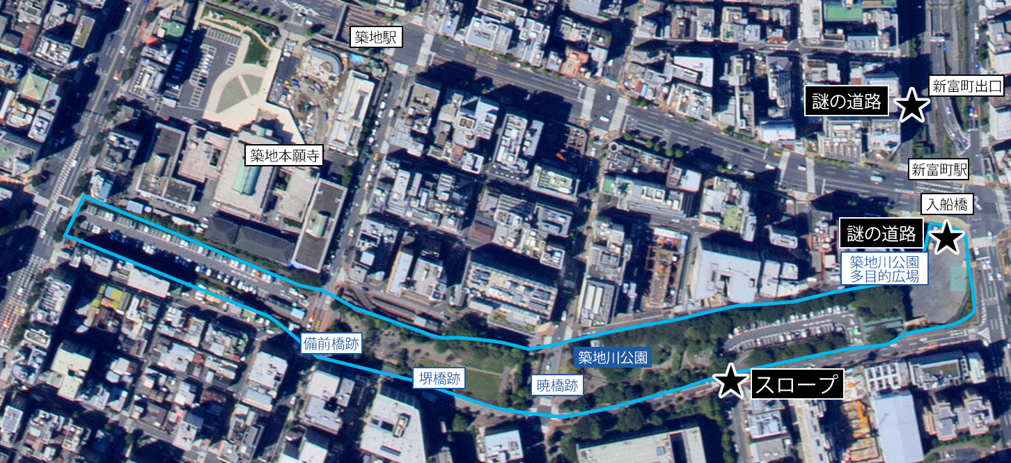 築地川公園と築地川駐車場ともともと計画されていた晴海線延伸計画の下り線部分は一致する