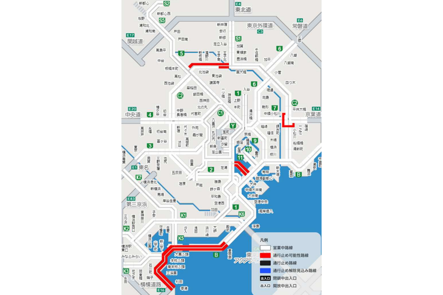 首都高速で8月16日（金）に通行止めとなる可能性のある区間