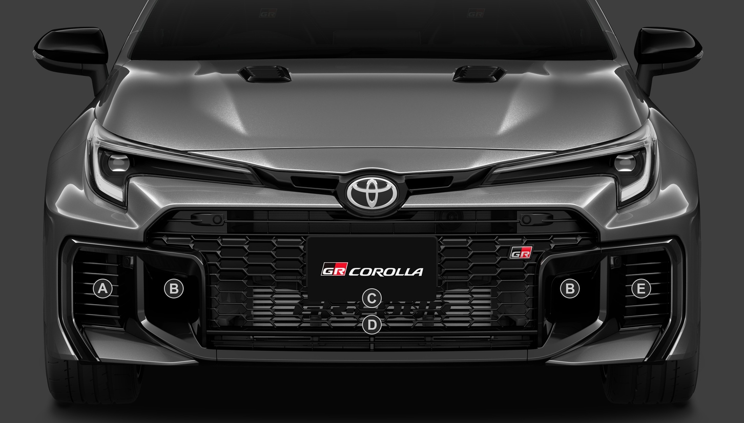 GR-DAT搭載車にはエンジン始動時の暖気促進も兼ねる水冷式ATFウォーマー＆クーラーに加え、空冷式ATFクーラーを標準装備。写真A:サブラジエーター、B:ブレーキダクト、C:ラジエーターグリル、D:インタークーラー、E:空冷ATFクーラー